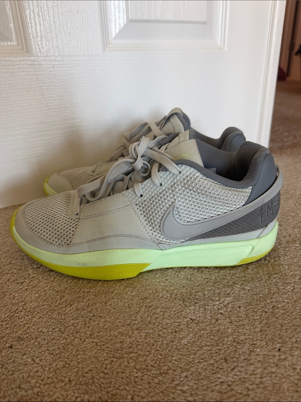 Ja Morant Nike Men’s Gray and Neon Yellow Low-Top Basketball Shoesa